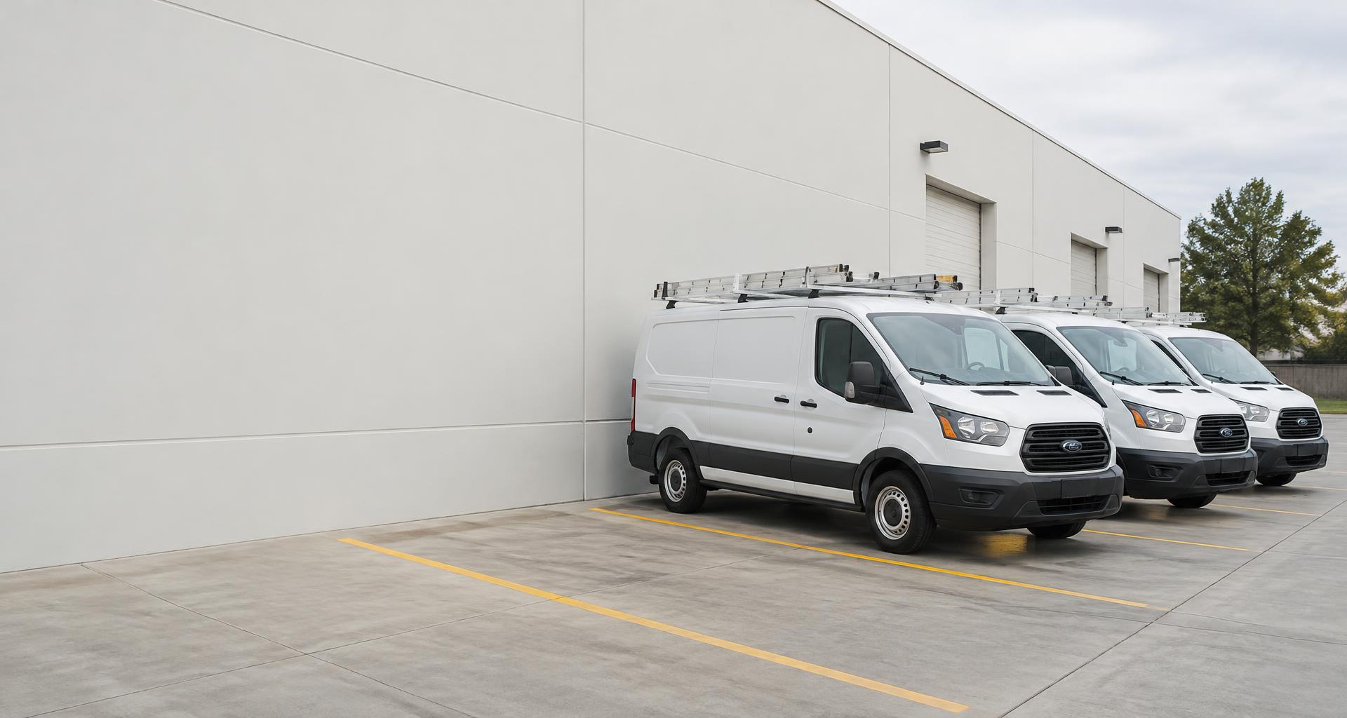 White service trucks parked outside a trades business, with an empty parking bay